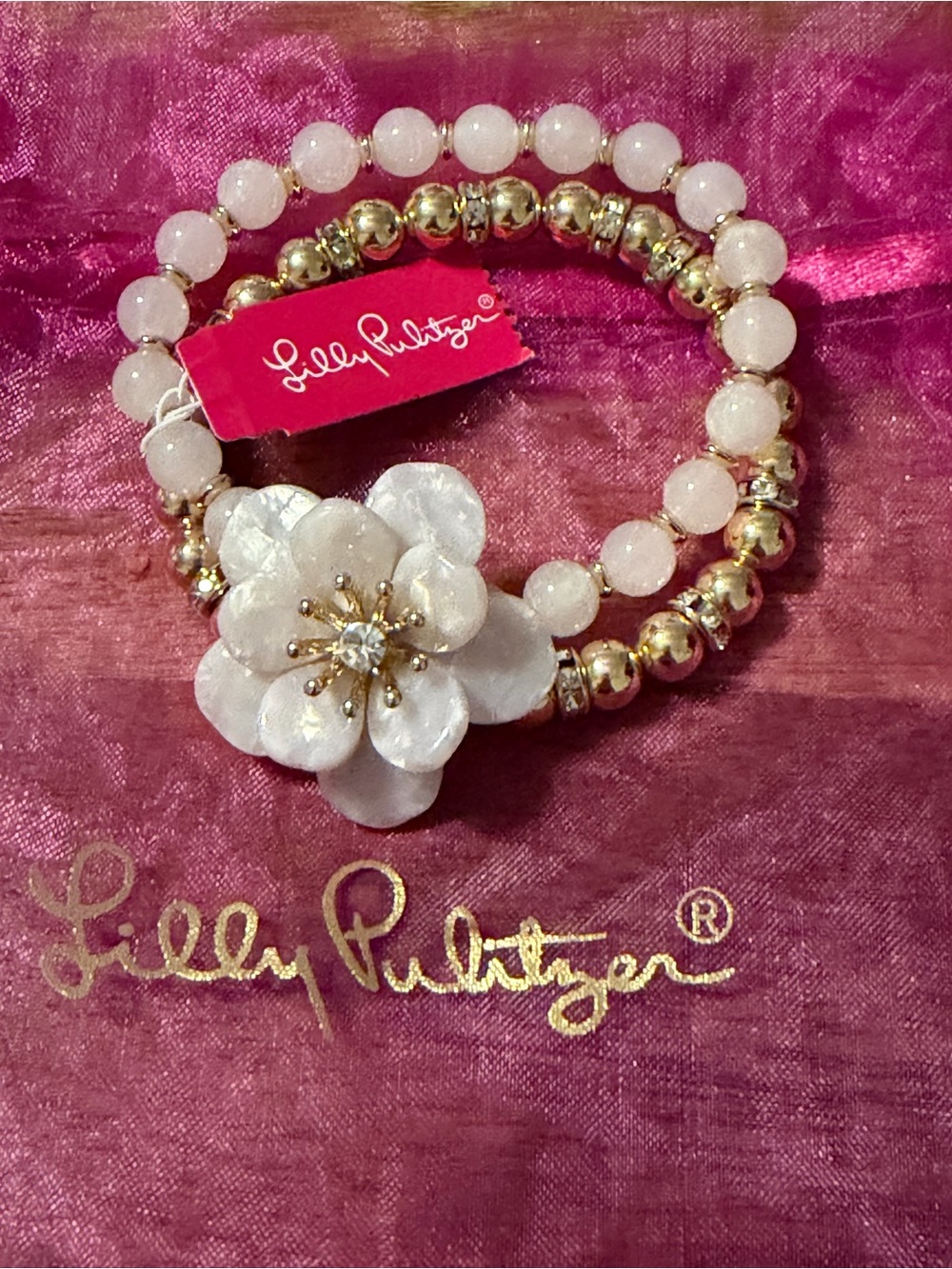 NWT Lilly Pulitzer CZ Double Gold-tone Rhinestone Beaded Flower Stretch Bracelet
